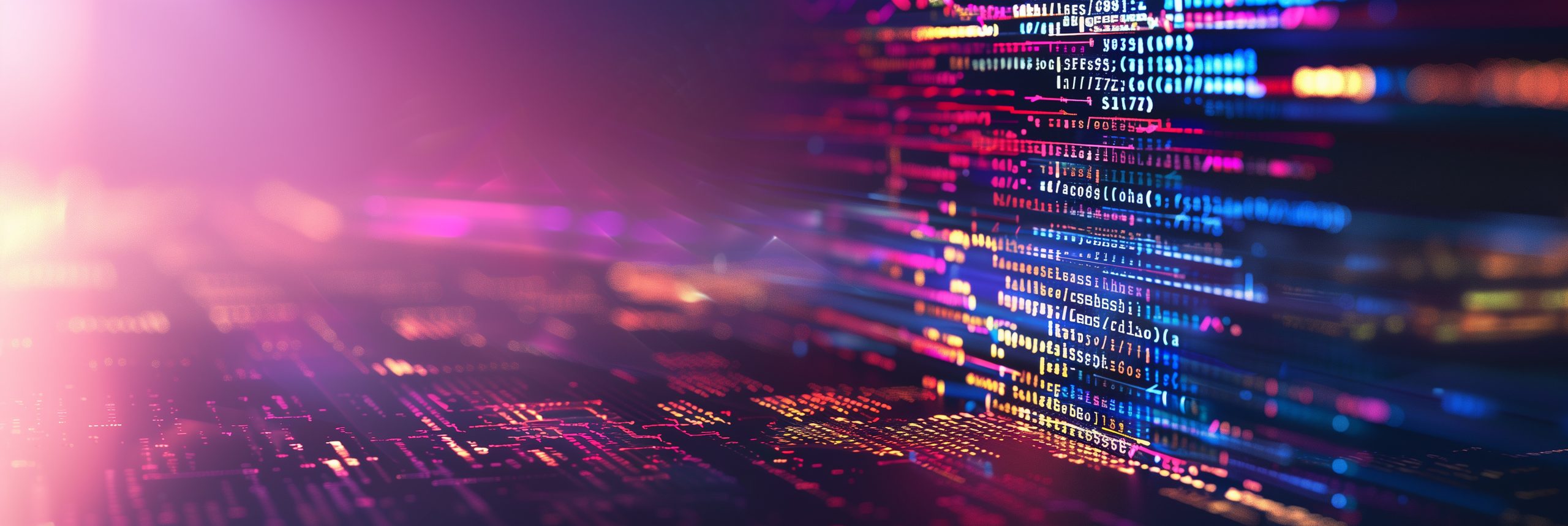 Abstract digital data streams glow in pink, purple, blue, and gold, creating a futuristic cyber landscape with a fast-paced, energetic mood.